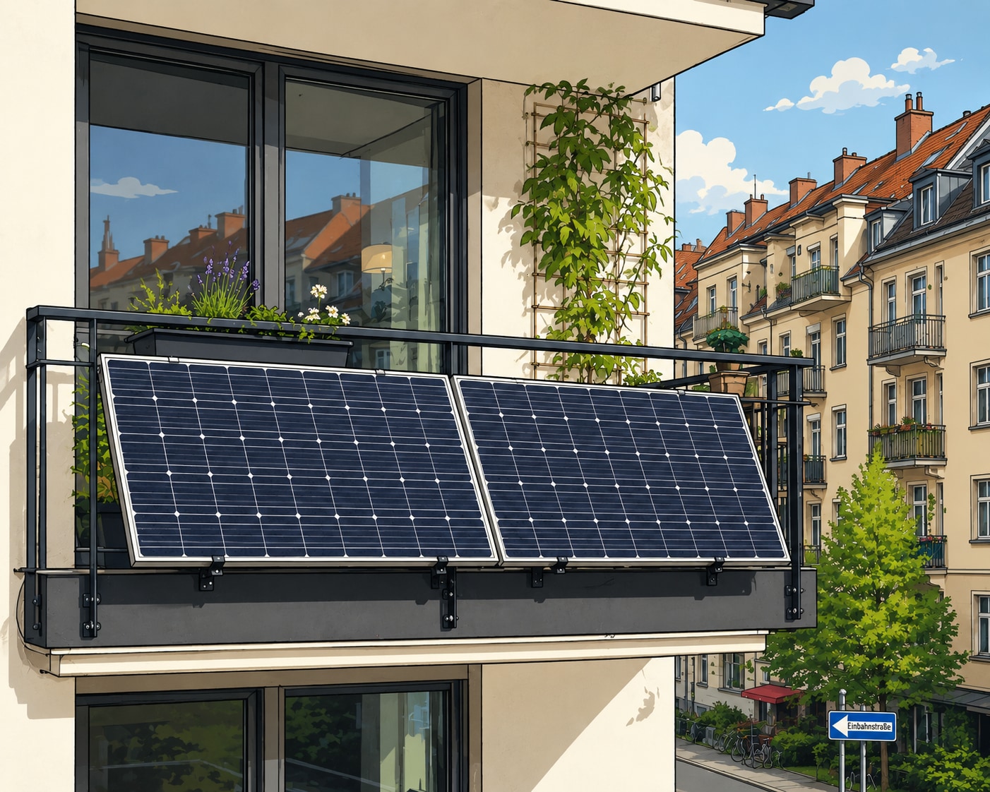 Steckerfertige Balkonkraftwerke haben seit April 2024 eine vereinfachte MaStR-Anmeldung — siehe unseren eigenen Ratgeber dazu. Zwei Solarmodule an einem Balkongeländer in einer deutschen Stadt