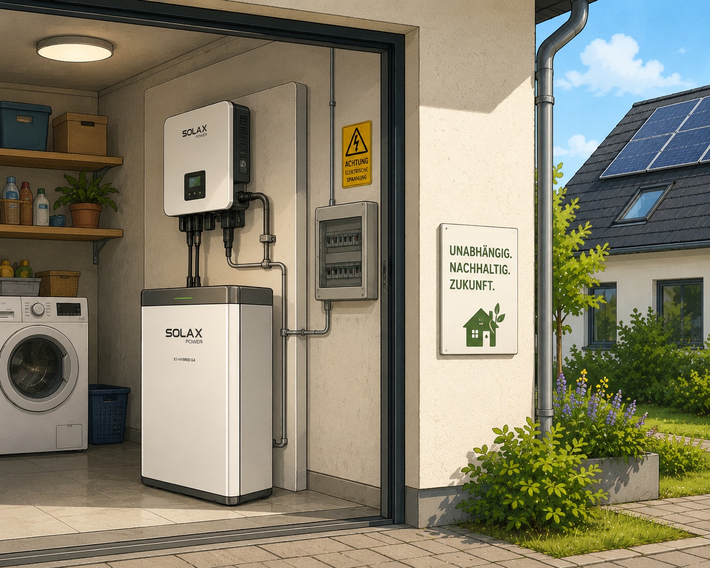 Wer später einen Speicher nachrüstet, muss diesen separat im Marktstammdatenregister anmelden. Hauswirtschaftsraum mit Wechselrichter und Batteriespeicher, im Hintergrund eine Dachanlage