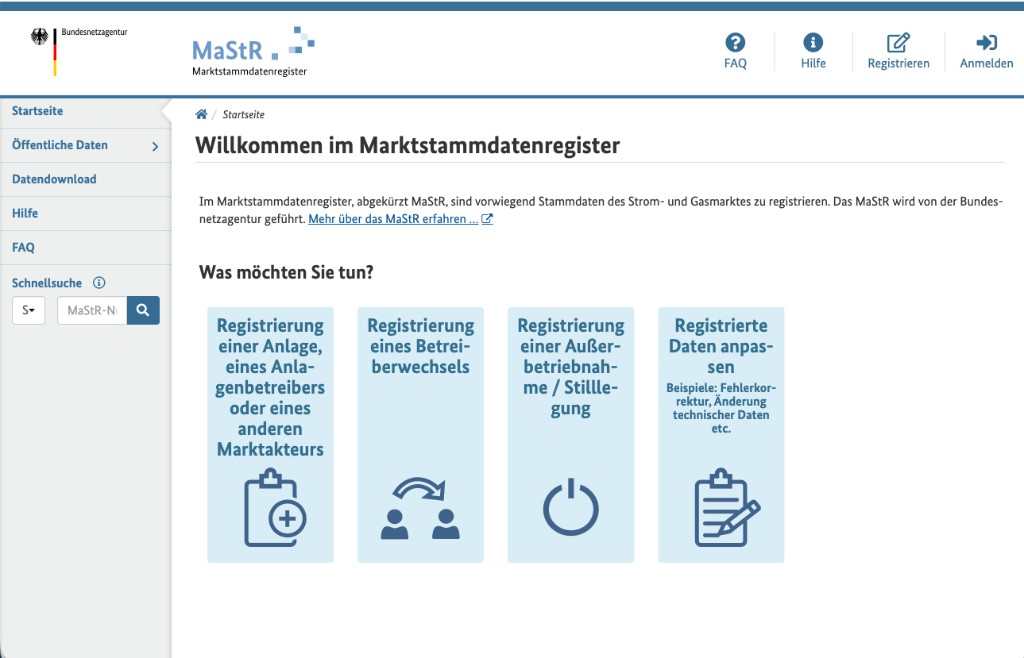 Die vier Hauptaktionen auf der MaStR-Startseite entsprechen den typischen Fristanlässen. Startseite des Marktstammdatenregisters mit den vier Hauptaktionen: Neuanlage, Betreiberwechsel, Stilllegung und Datenanpassung